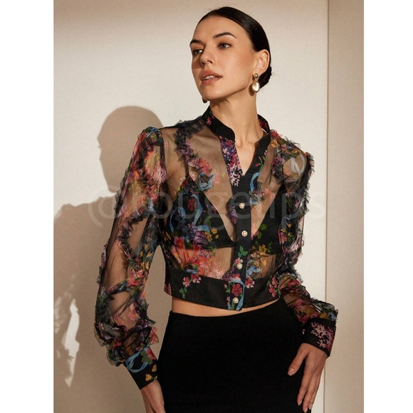 Black Sheer Floral Ruffle Textured Crop Button Up Blouse Shirt Top - Picture 2 of 9